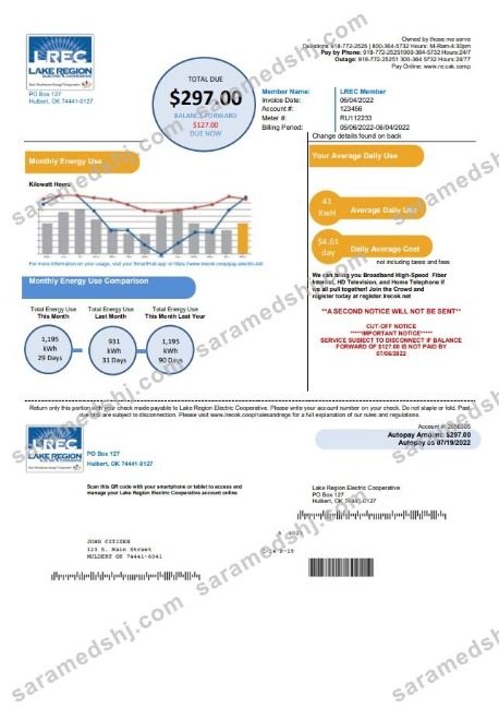 USA Oklahoma LREC Lake Region utility bill template in Word and PDF format